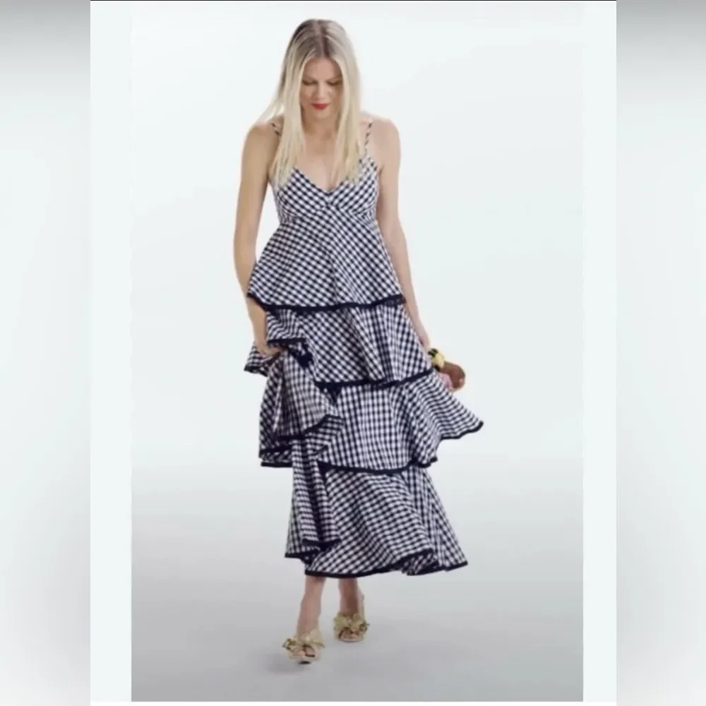 .J. Crew Spiro Tiered Gingham Cotton- Poplin Midi Dress Ruffle Sz 6